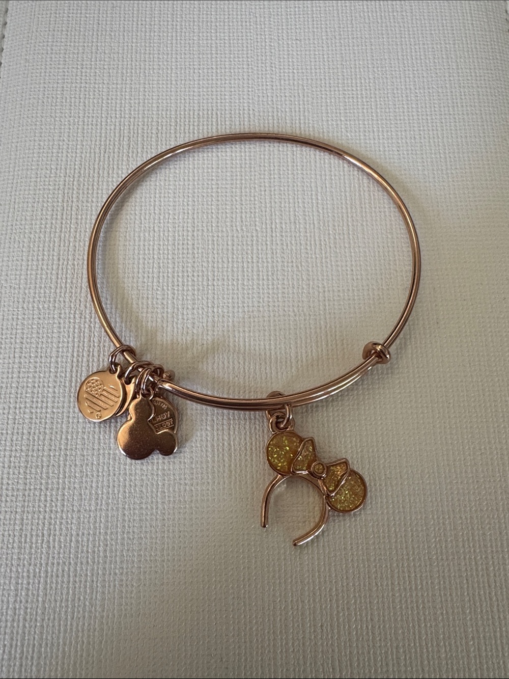 Alex and Ani Rose Gold Minnie Mouse Bow Bangle with Yellow Glitter Charm